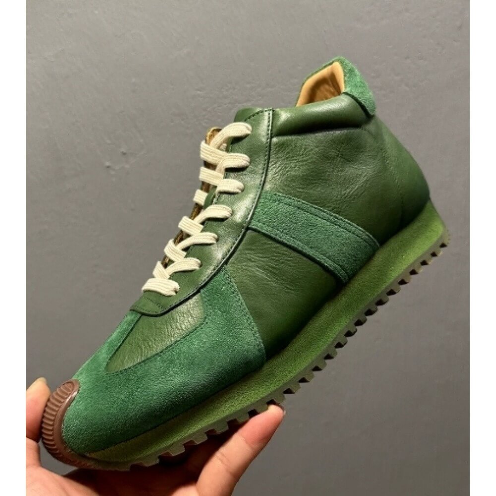 Men'S Shoes Green And White - Retro zielone skórzane i zamszowe sneakersy
