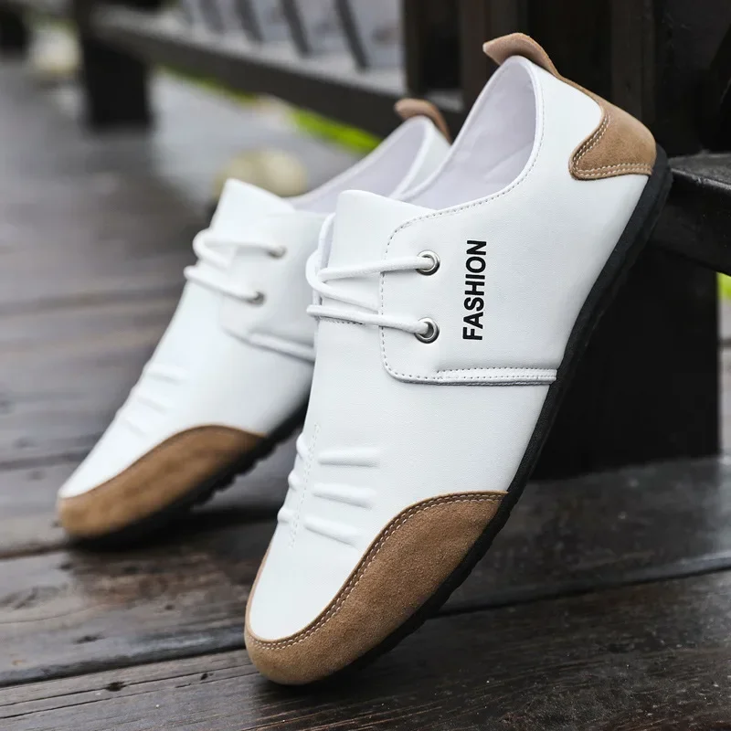 Men'S Shoes Green And White - Płaskie męskie buty rekreacyjne skórzane buty