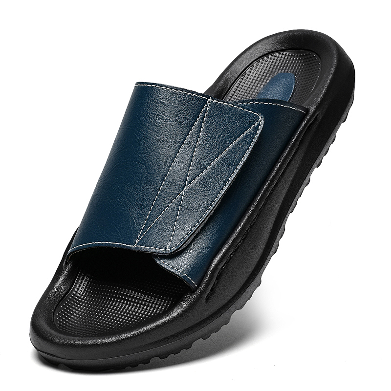 Men'S Shoes Comfortable Walking - Skórzane klapki męskie Easy-top, regulowane, otwarte,
