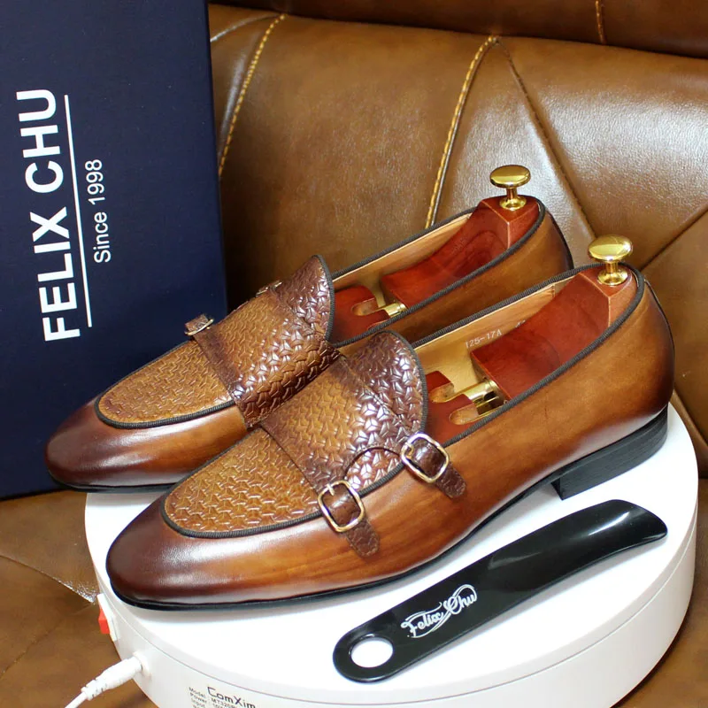 Monk Strap Shoe - Męskie mokasyny z prawdziwej skóry metalowa