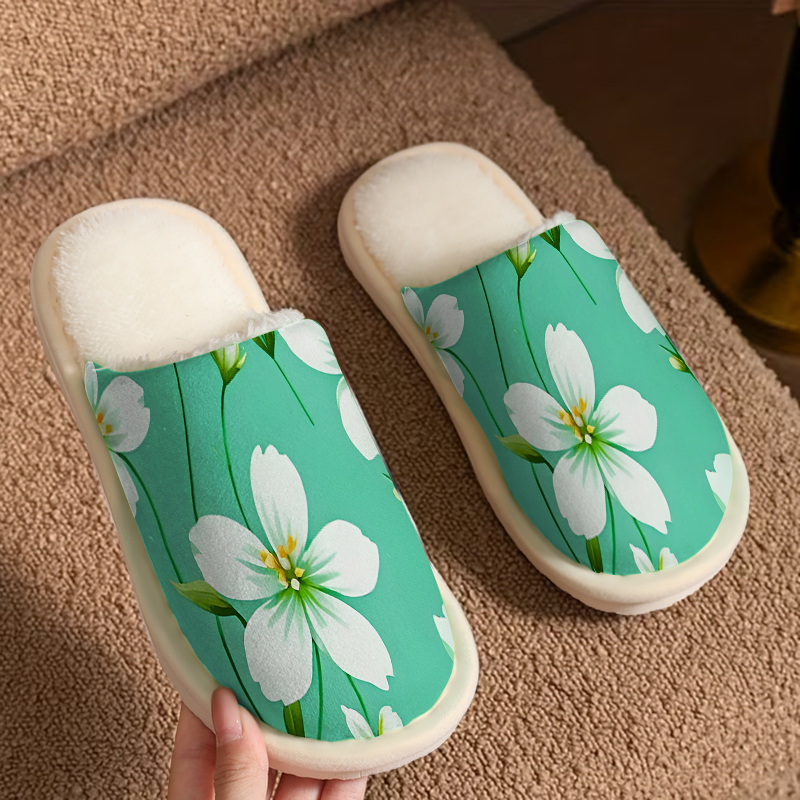 Men'S Shoes Green And White - Biało-zielone kwiatowe luksusowe pluszowe kapcie męskie